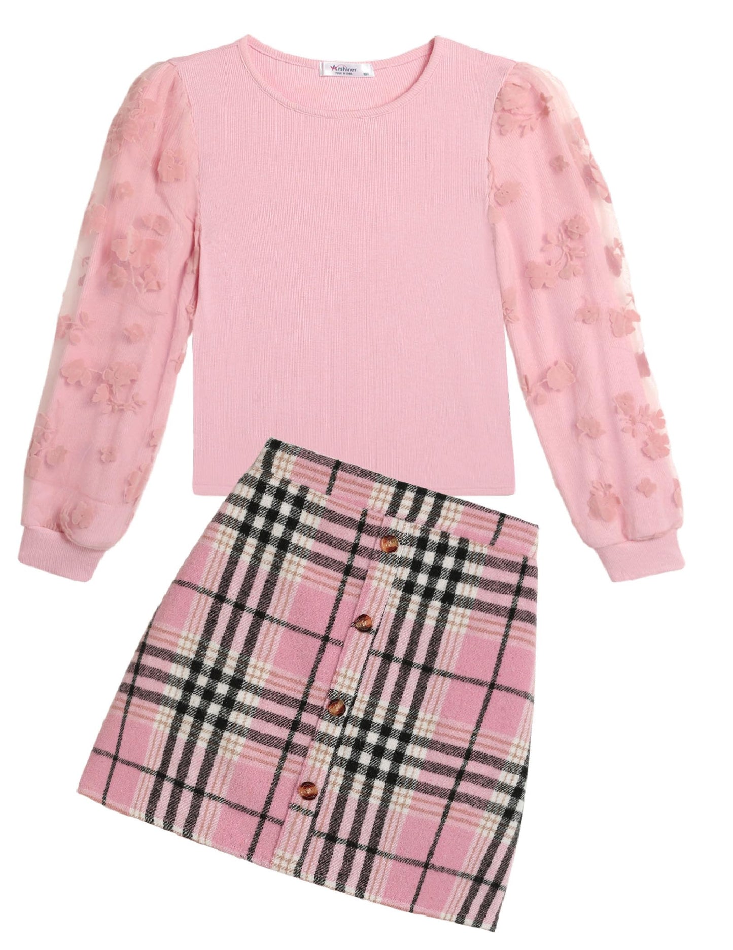 Arshiner Girls' Clothing Sets Elegant Long Sleeve Shirt with Skirt Set Children's Autumn Winter Outfit Checked Leisure Fashion Two Piece Clothing Sets for Girls 5-13 Years
