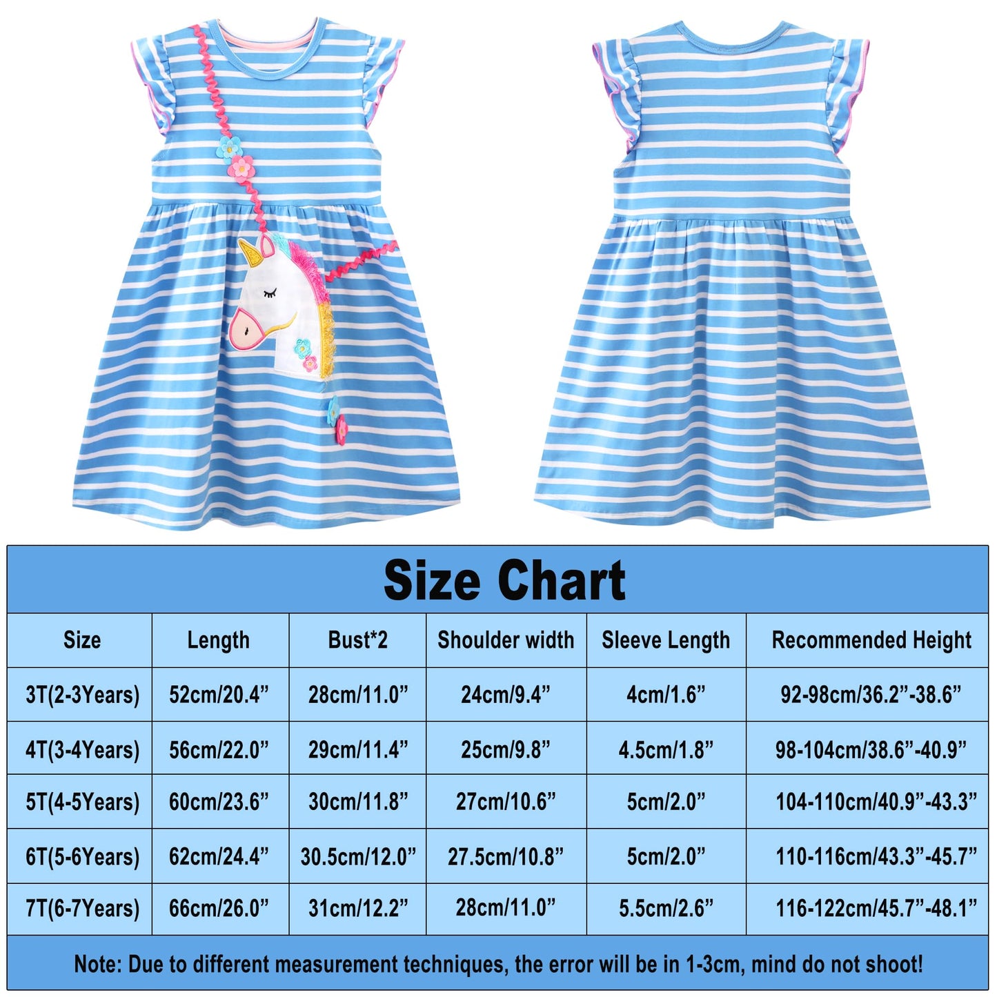 JinBei Mädchen Kleid Baumwolle Rundhals Rüschen Ärmellos Lässige Einhorn Cartoon-Applikationen Blau/Weiße Gestreift Kleidung Kinder Sommer Party Festliches Prinzessin A-Linie Kleider Gr. 98-128