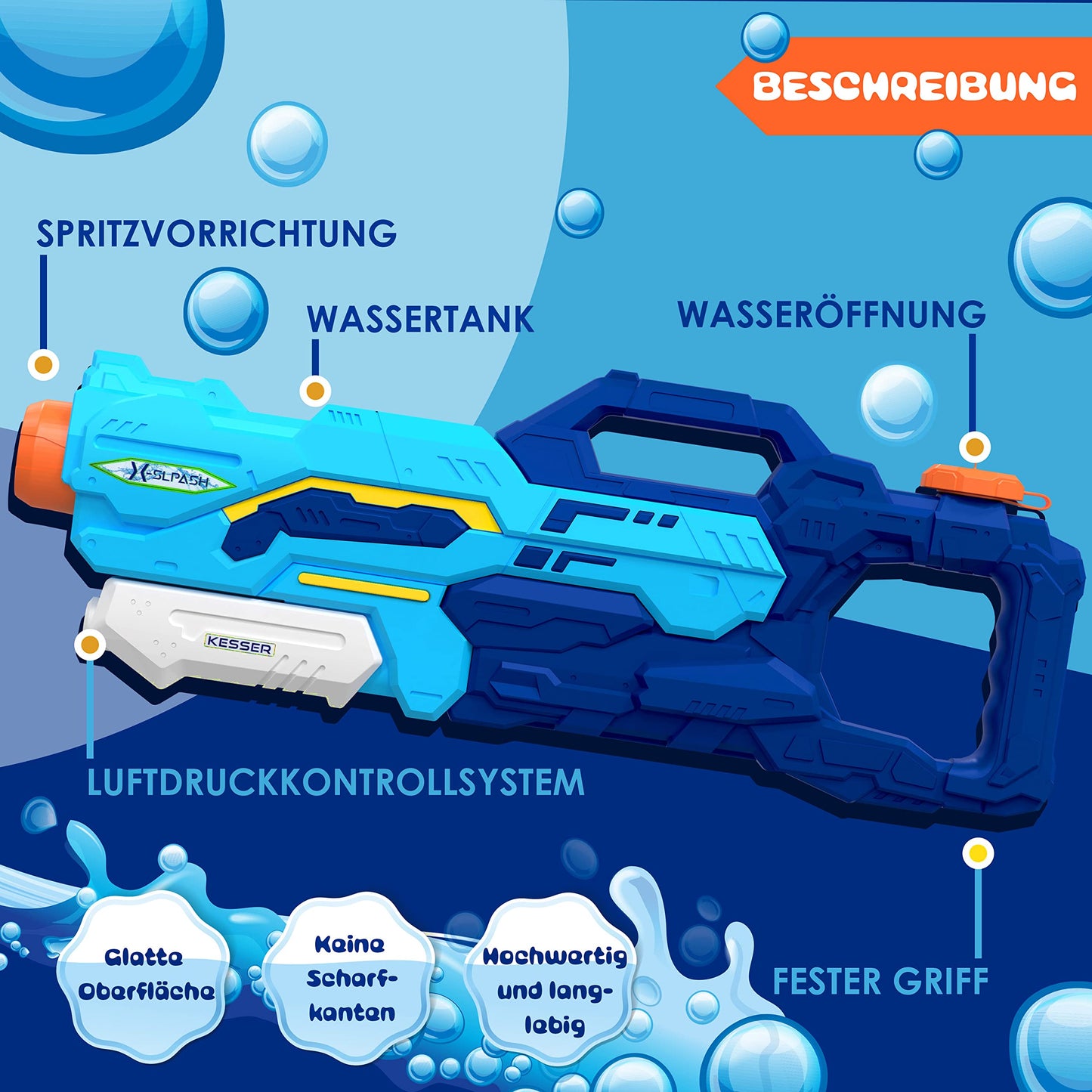 KESSER® Wasserpistole 2er Set Wasserpistolen Spritzpistolen Reichweite 10-11 Meter, Fassungsvermögen 1500ml Wasserspaß Strand Spielzeug im Freien für Kinder und Erwachsene Strandpool, Blau/Weiß