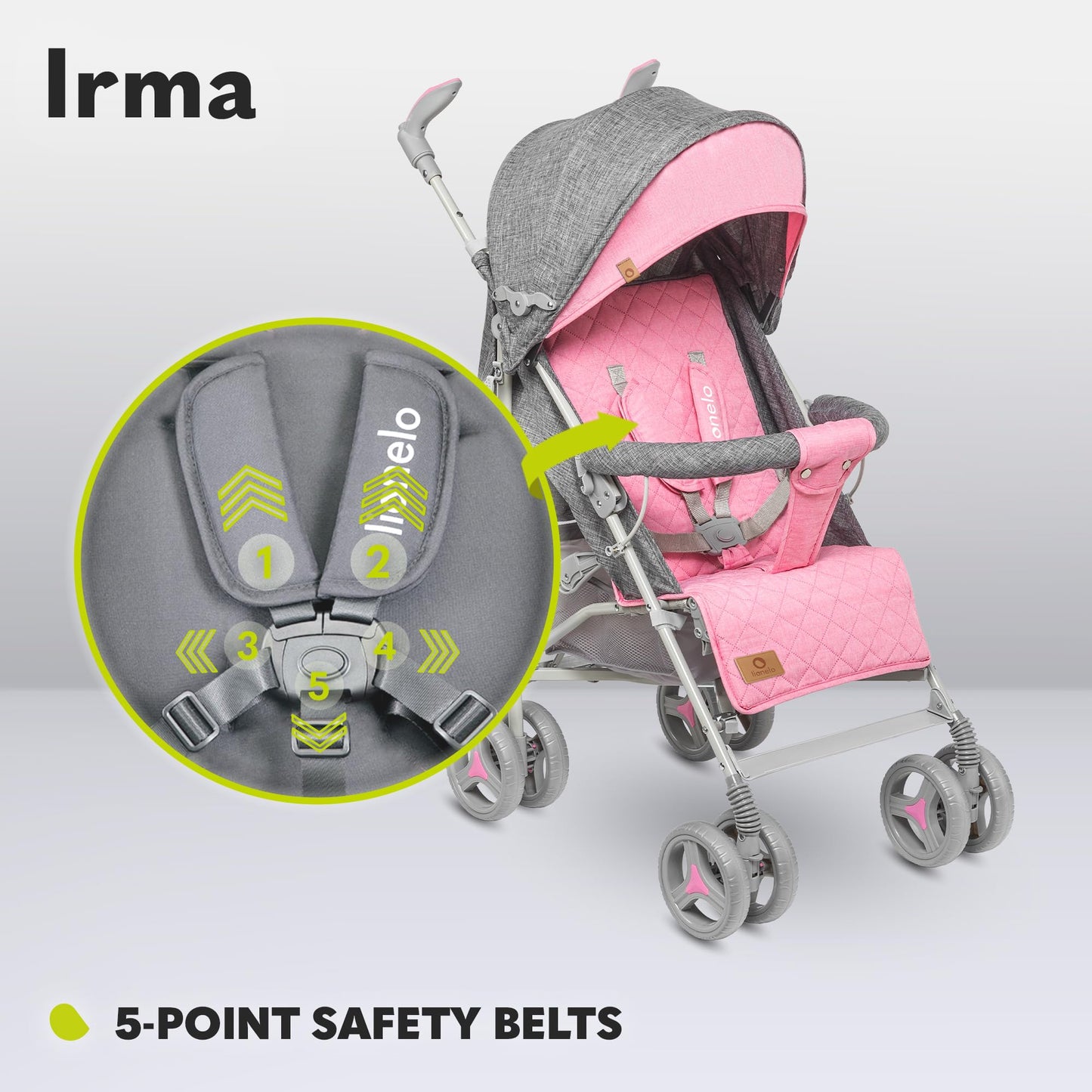 Lionelo Irma Pushchair up to 15 kg, Lightweight Modern Pushchair with Reclining Function, Foldable, Large 6 Inch Wheels, Large Basket, Bag, Mosquito Net