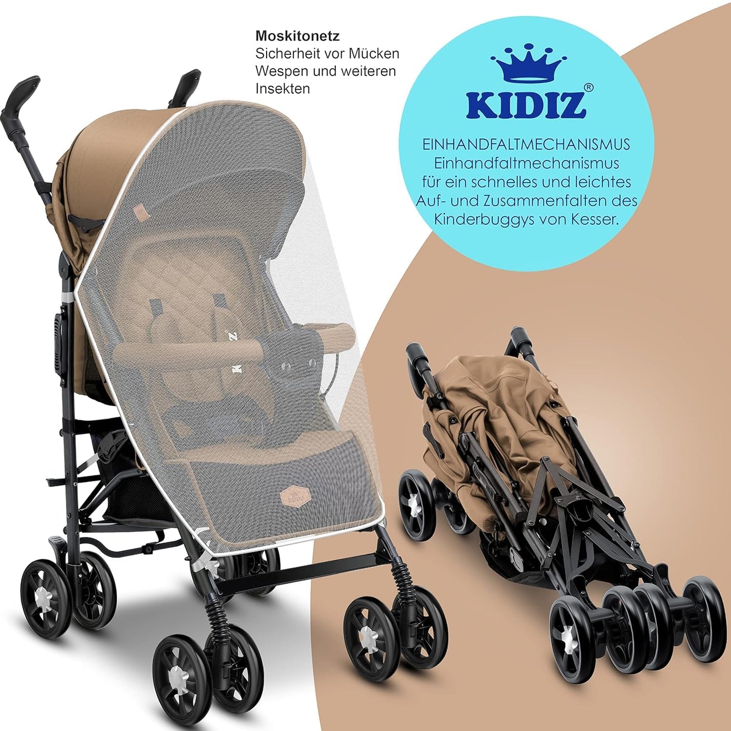 KIDIZ® City-Pro Pushchair Folding Pushchair Pushchair Sports Pushchair Foldable 360° 6 Inch Wheels Includes Mosquito Net, Footmuff and Rain Cover Foldable Sleep Function Blue