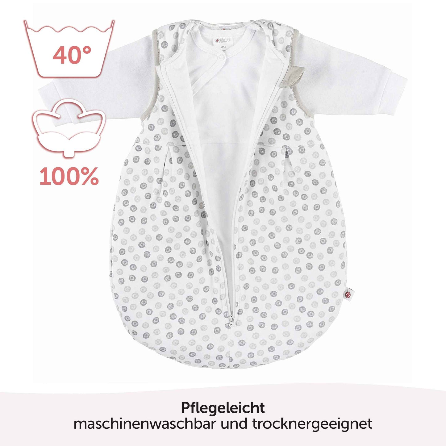Coconette Circle All-Year Baby Sleeping Bag - 2-Piece: Long-sleeved inner bag and lined outer bag for summer and winter. 100 % cotton. White