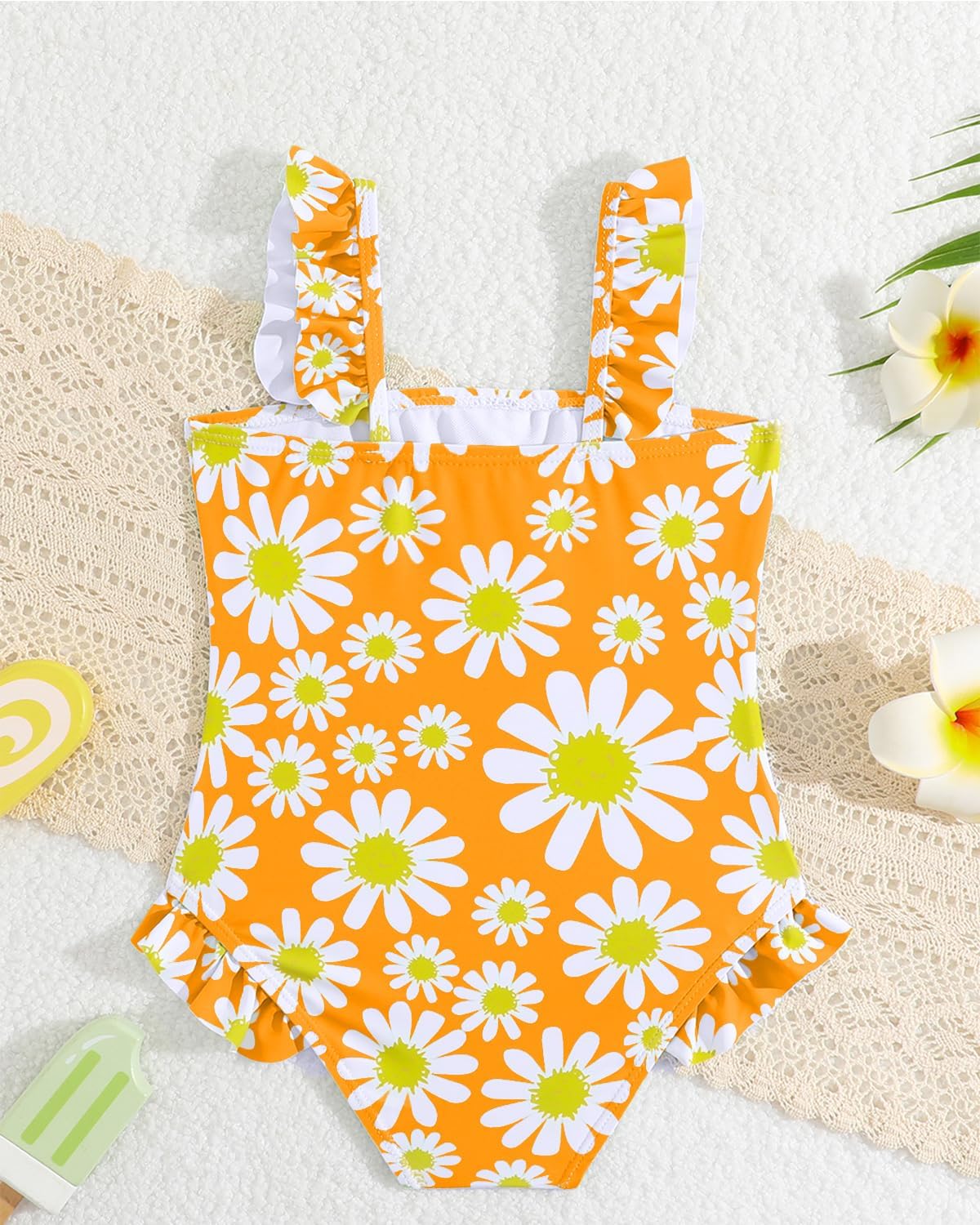 JiAmy Einteiliger Mädchen Badeanzug Blumenmuster Rüschen Elastischen Trägern Ärmellos Kleinkinder Schwimmkleidung für 2–7 Jahre/92-122