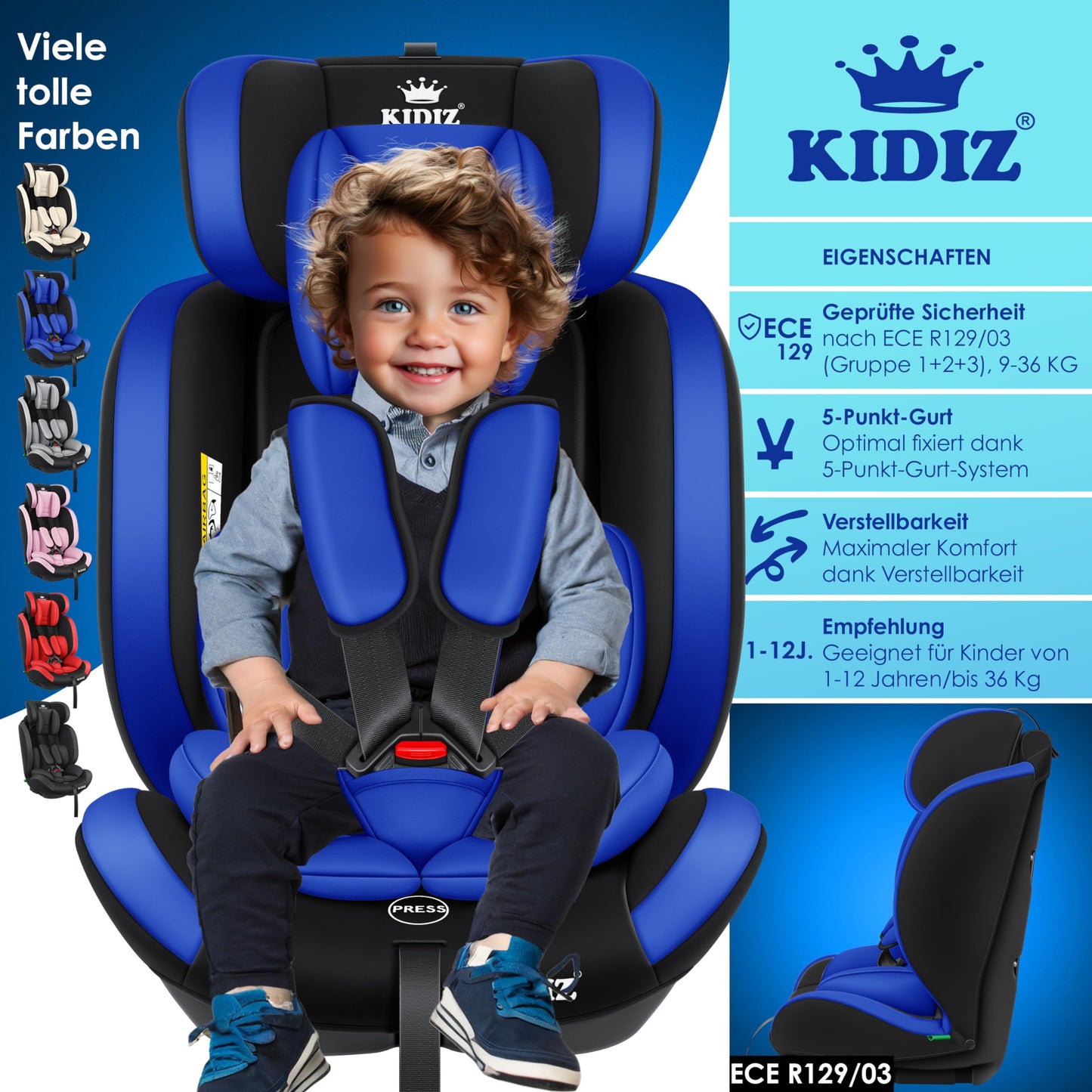 KIDIZ® Autokindersitz Kinderautositz Gruppe 1+2+3 9-36 kg 5-Punkt-Sicherheitsgurt, Autositz, Kindersitz, Einstellbare Kopfstütze, Mitwachsende Sitzerhöhung 1-12 Jahre, Stabil und Sicher