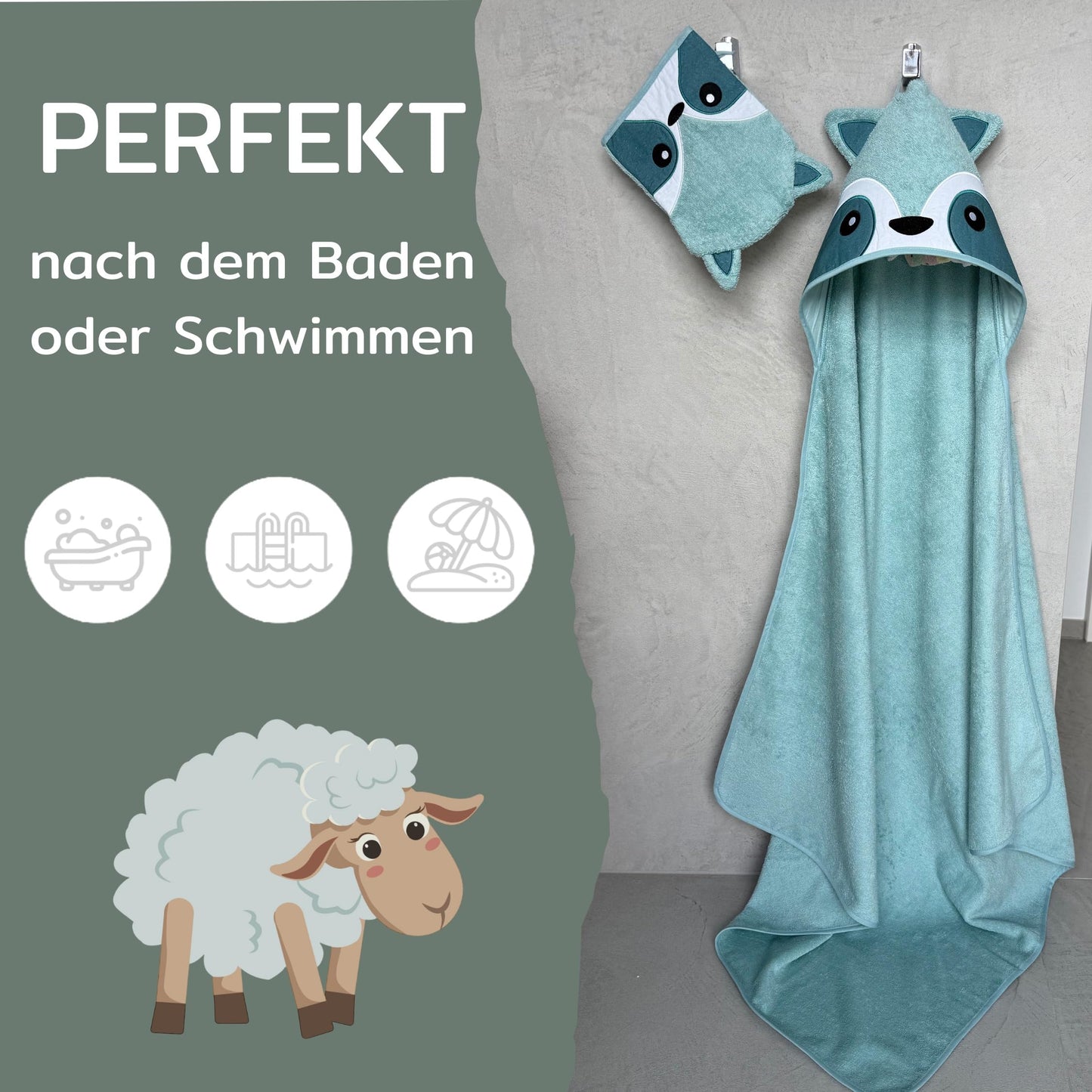 MIRARI Kids Babyhandtuch mit Kapuze und Waschlappen 100x100 cm – Handtuch Rentier aus 100% Baumwolle - REH Badetuch mit Kapuze - Geschenk Geburt - Baby Erstausstattung Neugeborenen Set