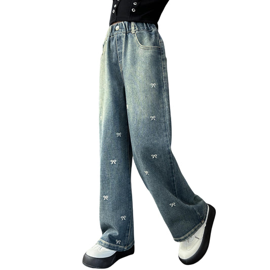 Rolanko Girls' Jeans Trousers with Hole, Denim Blue Jeans, Vintage Trousers With Wide Leg for Children