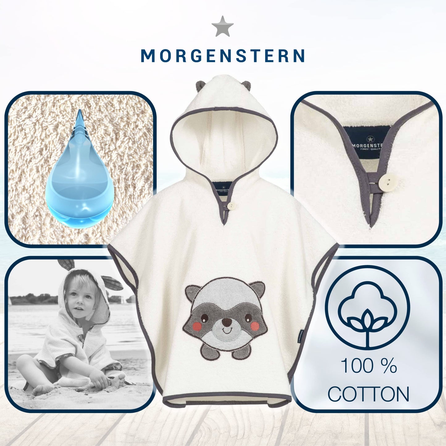 Morgenstern Bath Poncho Children's Baby Girls Boys 100% Cotton Oeko-Tex Baby Bath Towel Hooded Towel Bathrobe Terry Cloth
