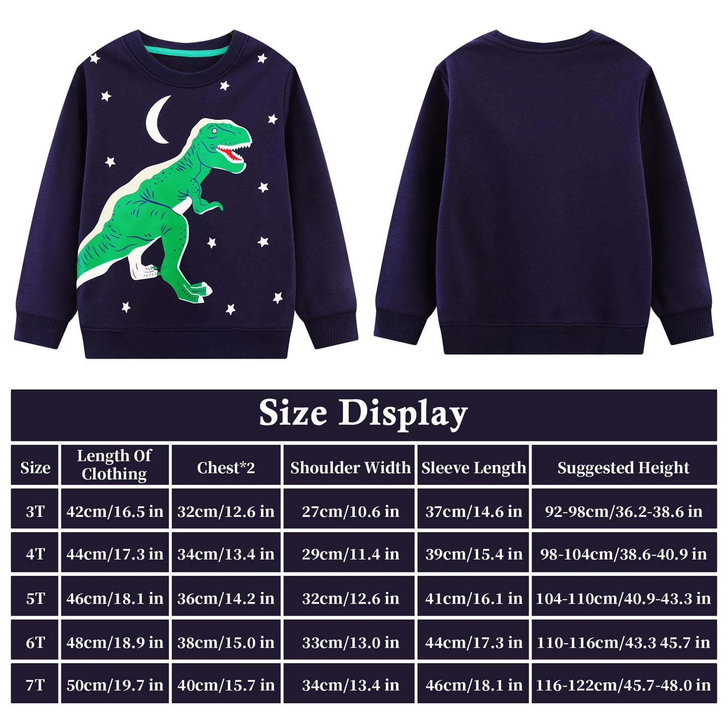 FILOWA Sweatshirt Kinder Junge Leuchtet im Dunkeln Dinosaurier Sweatshirt Astronauten Drucken Pullover Sport Marineblau Langarm Warm Baumwolle Top Jogging Sweatshirt 2-7 Jahre,Gr.92-122