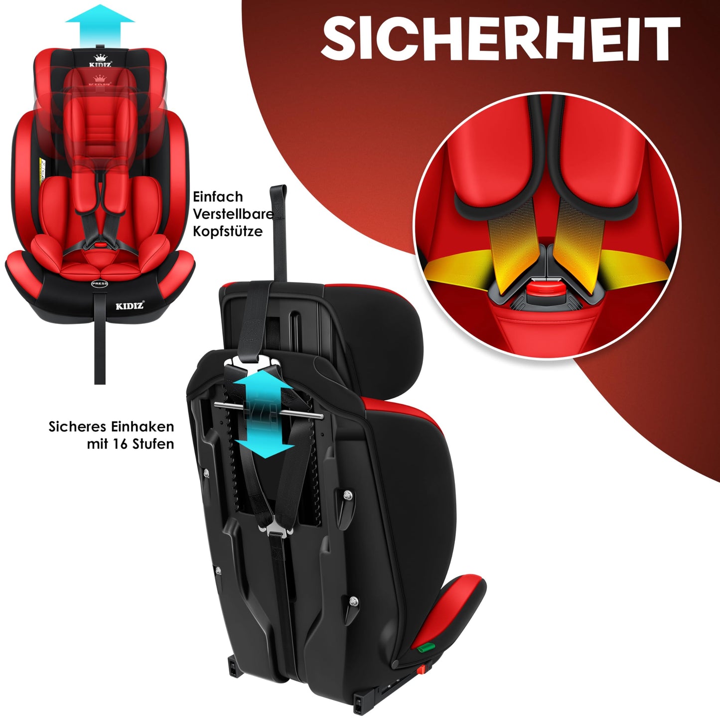 KIDIZ® Autokindersitz Kinderautositz Gruppe 1+2+3 9-36 kg 5-Punkt-Sicherheitsgurt, Autositz, Kindersitz, Einstellbare Kopfstütze, Mitwachsende Sitzerhöhung 1-12 Jahre, Stabil und Sicher - Meloni2