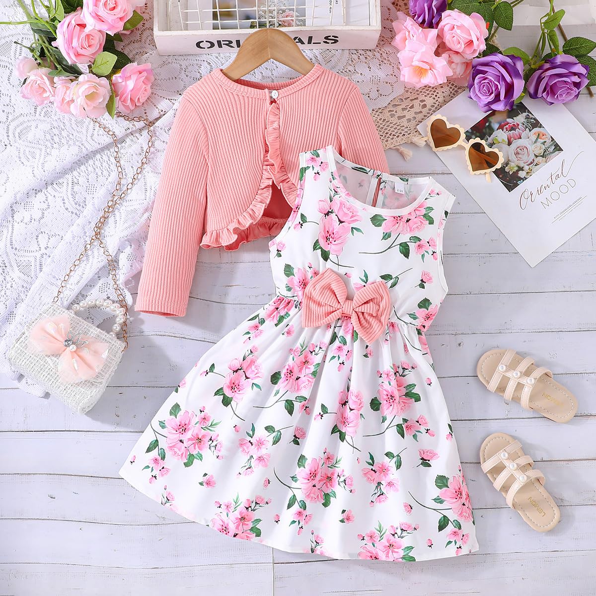 Yanmucy Kleine Mädchen Kleider mit Strickjacke Sets Baby Mädchen Kleider Kleinkind Kinder Langarm Ruffle Mantel Mädchen Kleidung für 2-8 Jahre