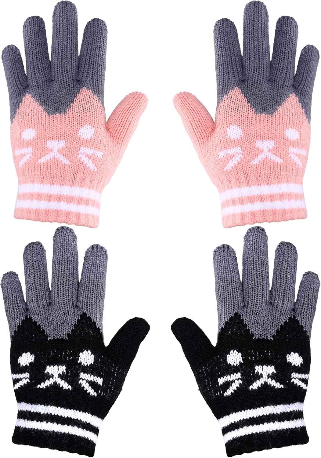 SATINIOR 2 Paar Winter Kinder Handschuhe Katze Fäustlinge Warme Gestrickte Handschuhe für 6-12 Jahre, Schwarz und Rosa