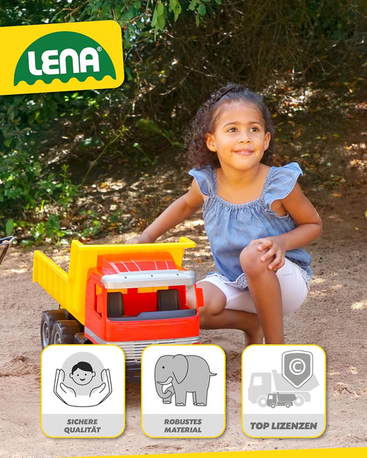 Lena 02031 - Strong Giant Dump Truck Mercedes Benz Actros, Dump Truck Approx. 63 cm, Large Dump Truck with 3 Axles and Lockable Dump Body, Robust Construction Site Toy Vehicle for Children from 3