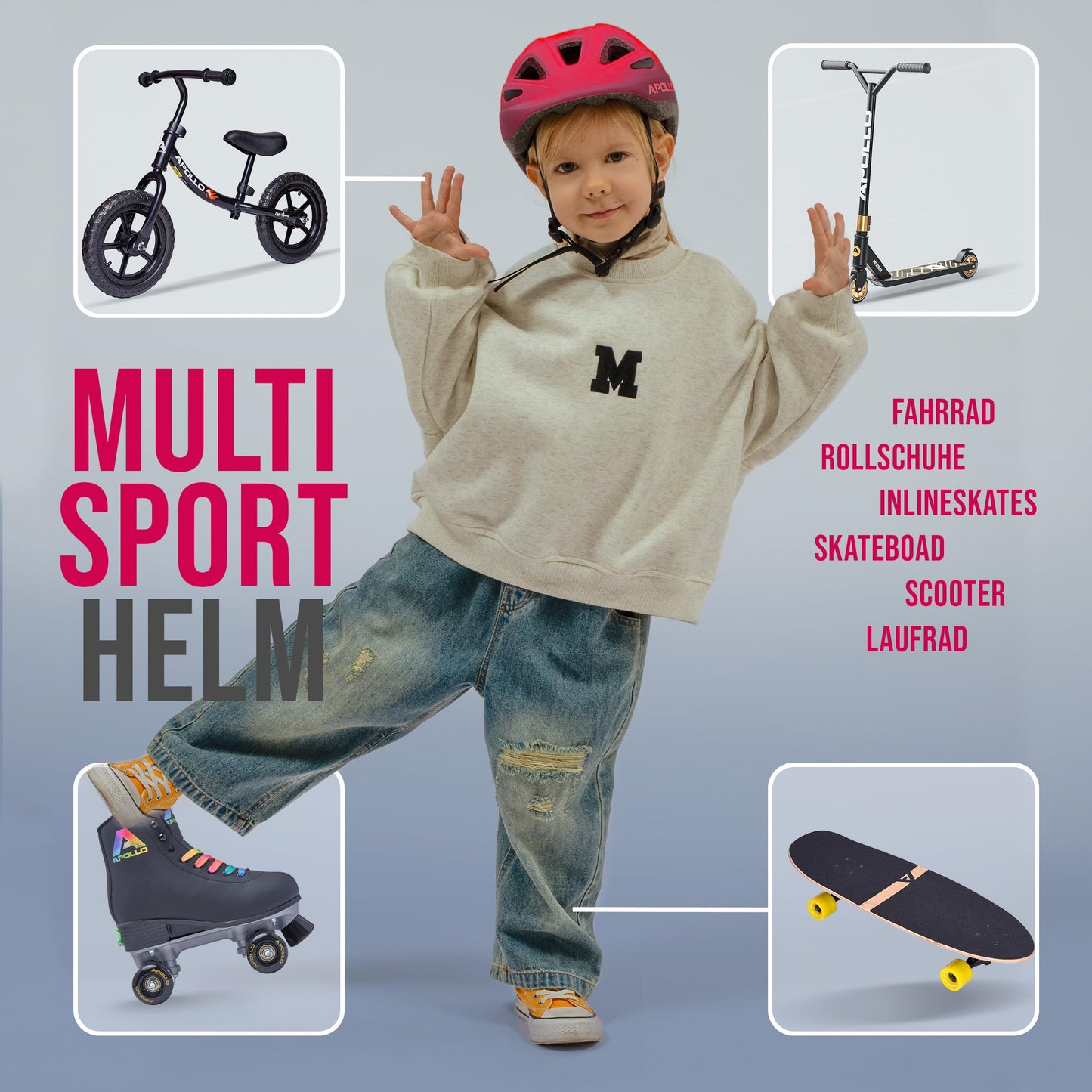 Apollo Kinder Fahrradhelm, Helm für Kinder & Jugendliche, Multisport Helm, Fahrradhelm Mädchen, Fahrradhelm Jungen, Kinderhelm ab 3 Jahre, Verstellbarer Kinder-Helm, ab Größe 48, für Fahrrad & Roller