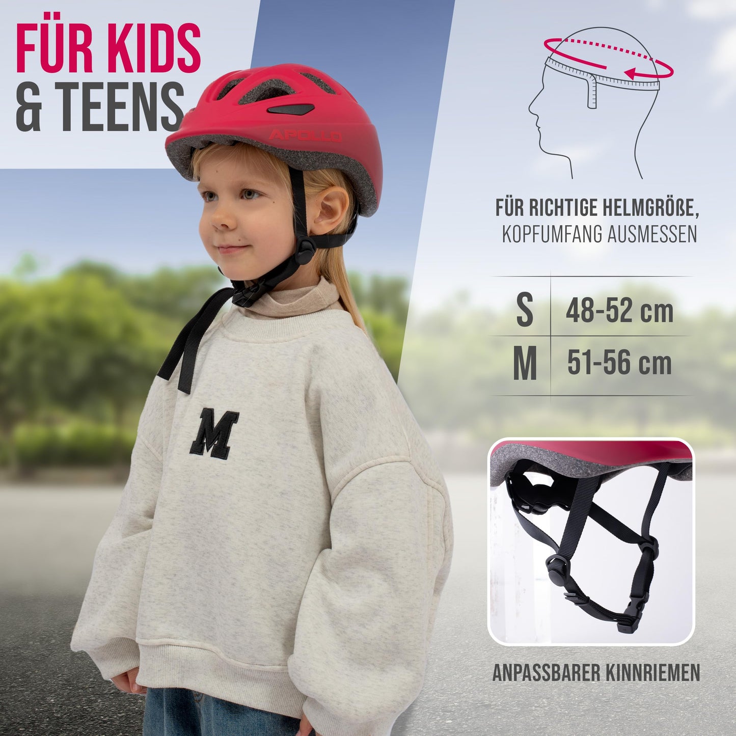 Apollo Kinder Fahrradhelm, Helm für Kinder & Jugendliche, Multisport Helm, Fahrradhelm Mädchen, Fahrradhelm Jungen, Kinderhelm ab 3 Jahre, Verstellbarer Kinder-Helm, ab Größe 48, für Fahrrad & Roller
