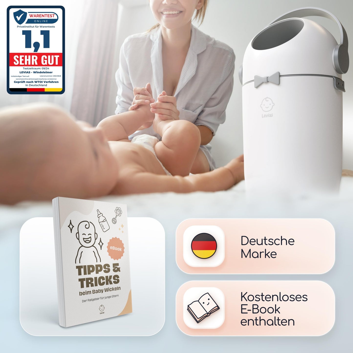 Leviasยฎ Windeleimer Baby Mรผlleimer Geruchsdicht | Windelmรผlleimer Geruchsdichter Wickeleimer ohne teure Nachfรผllkassetten 10L Volumen