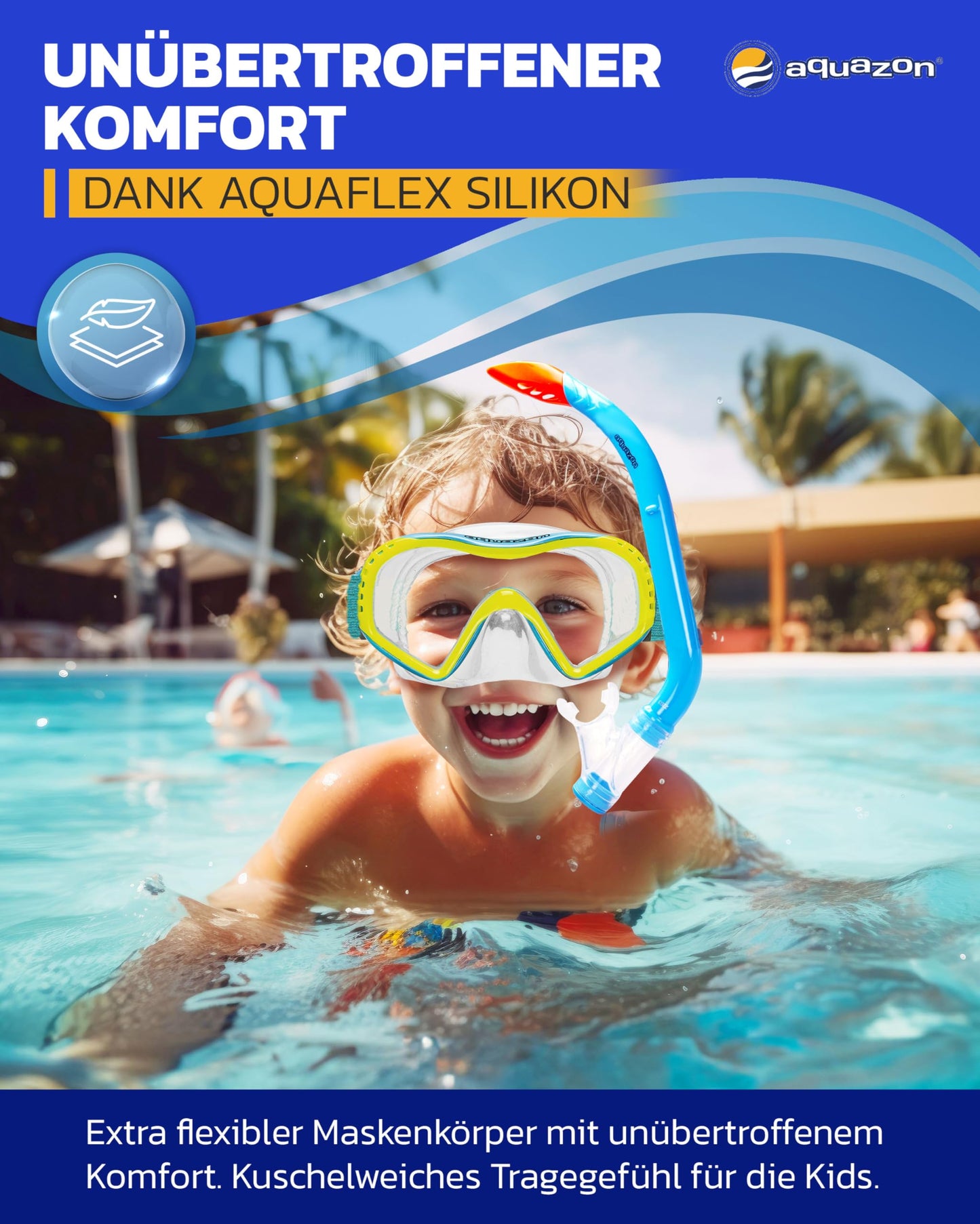 AQUAZON Starfish Kinder Schnorchelset - Taucherbrille mit extra komfortablem Textil Kopfband - 7-12 Jahre - inkl. Schnorchel, superklares temperiertes Glas