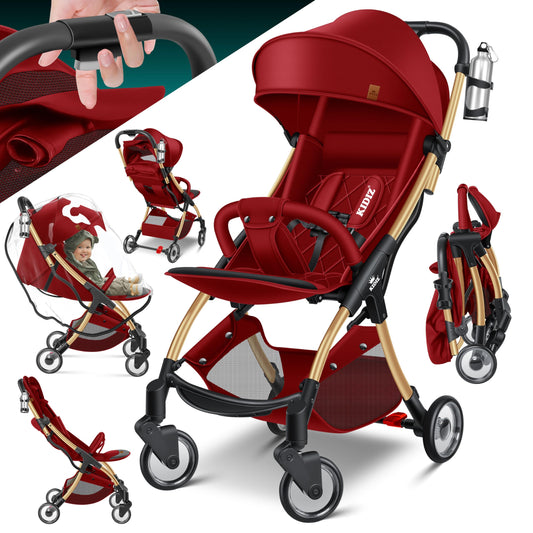 KIDIZ® Folding Pushchair, Sports Pram, 360° Wheels, 5-Point Harness, incl. Drinks Holder, Rain Cover, Adjustable Backrest and Sun Canopy, Red