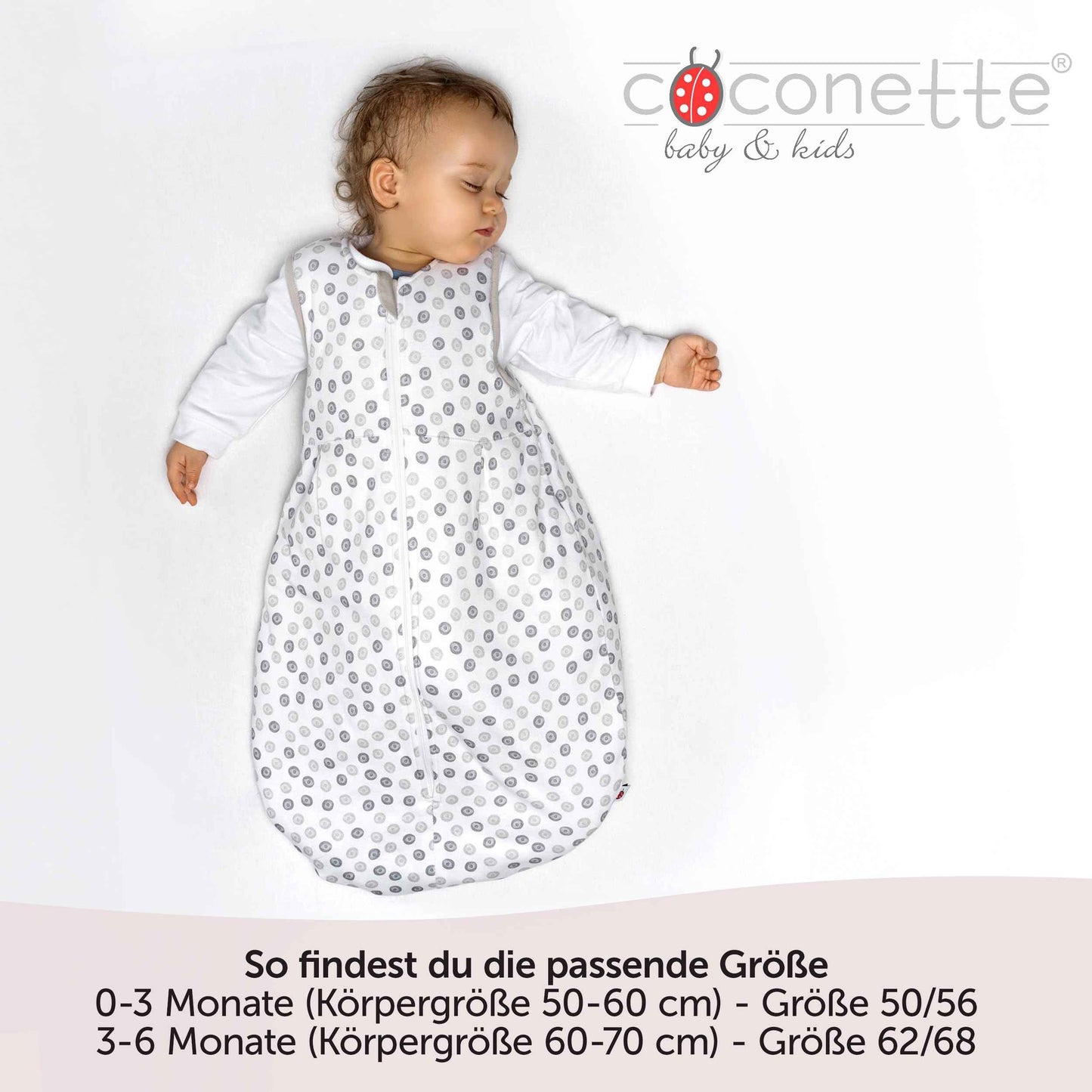 Coconette Circle All-Year Baby Sleeping Bag - 2-Piece: Long-sleeved inner bag and lined outer bag for summer and winter. 100 % cotton. White