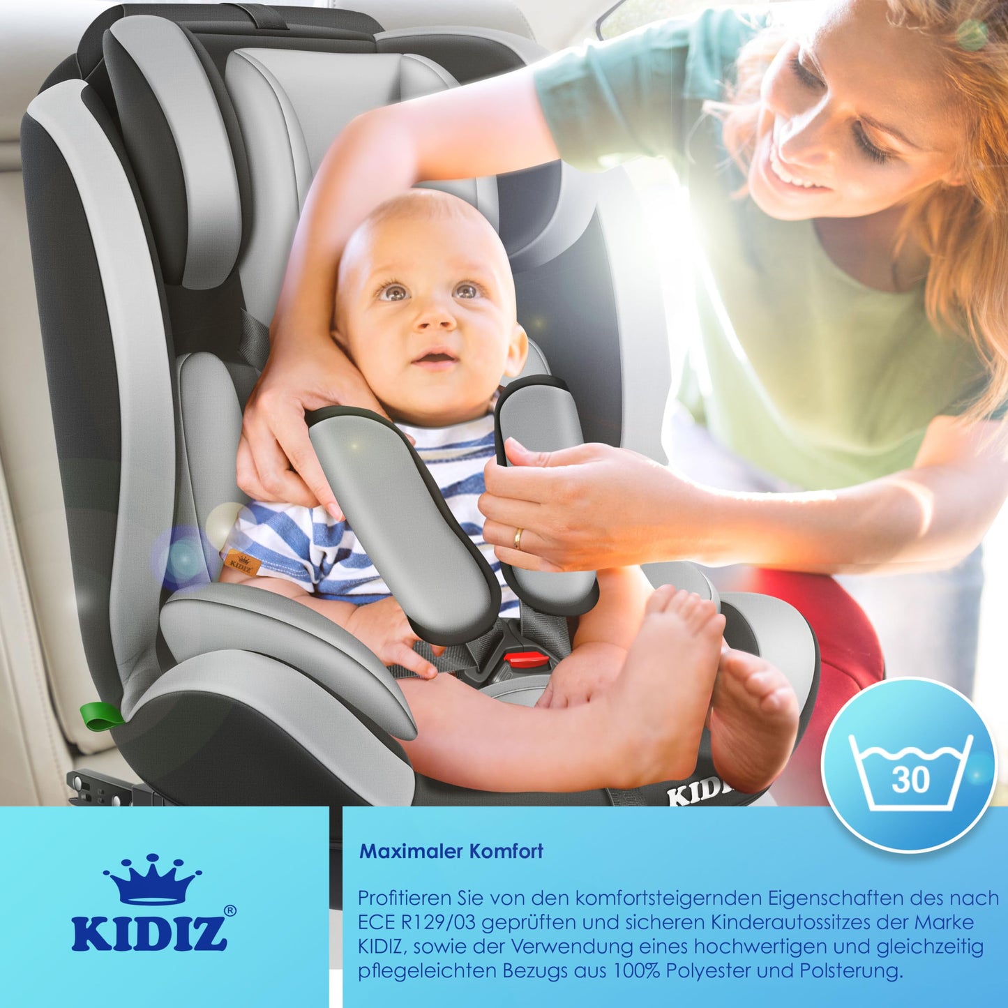 KIDIZ® Autokindersitz Kinderautositz Gruppe 1+2+3 9-36 kg 5-Punkt-Sicherheitsgurt, Autositz, Kindersitz, Einstellbare Kopfstütze, Mitwachsende Sitzerhöhung 1-12 Jahre, Stabil und Sicher