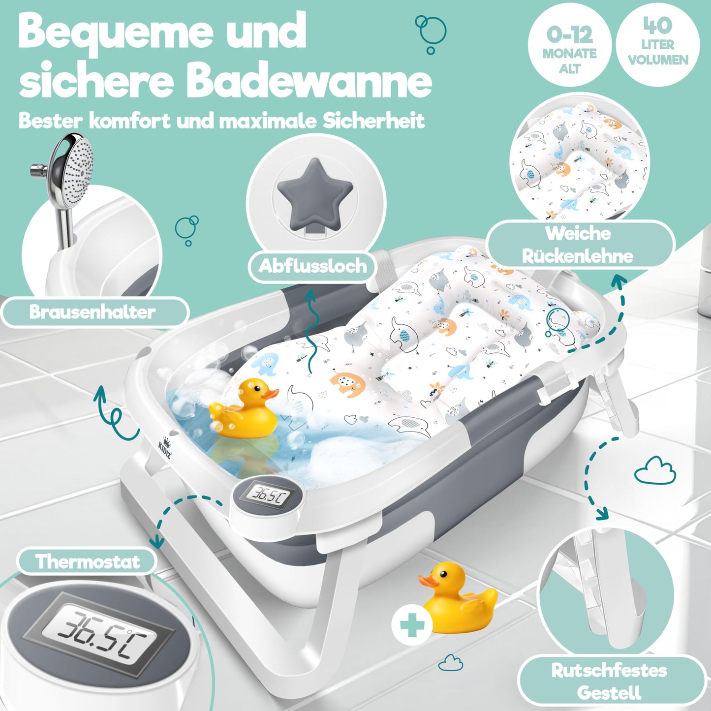 KIDIZ® Baby Bathtub, Baby Bathtub, Space-Saving & Foldable, Bath Tub, Shower Tray for Newborns, Toddlers, 0-24 Months, Portable Travel Shower for Babies, Ergonomic Bathtub with Thermostat and