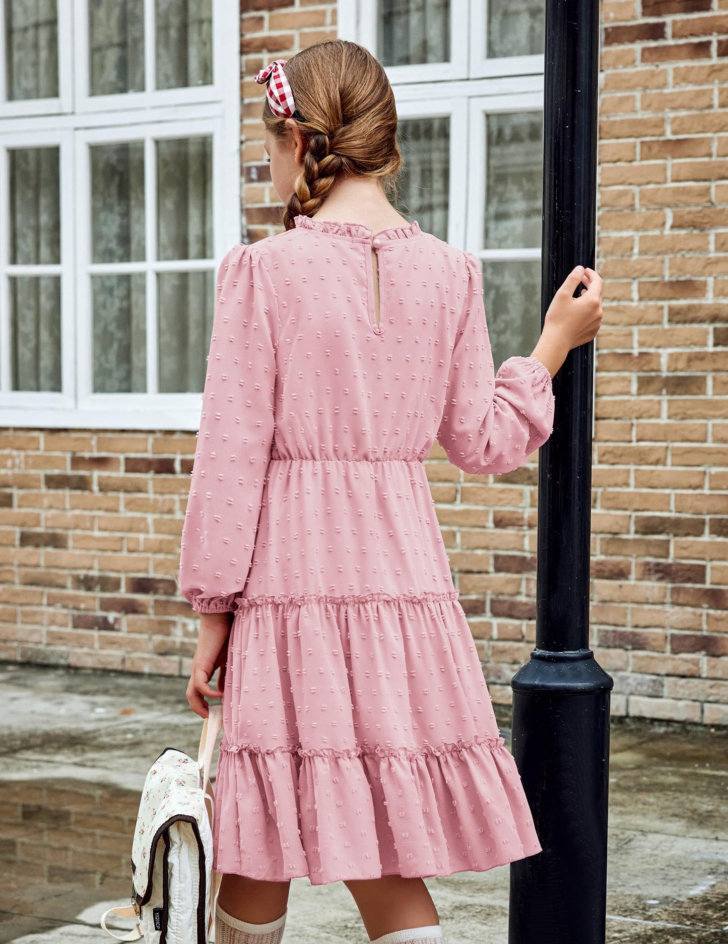 Arshiner Dress Girls Festive Flounce V-Neck Long Sleeve Dress Swiss Dot Chiffon Dress Children Tiered Dress A-Line Party Dress Wedding Princess Dress Swing Skater Dress 5-12 Years