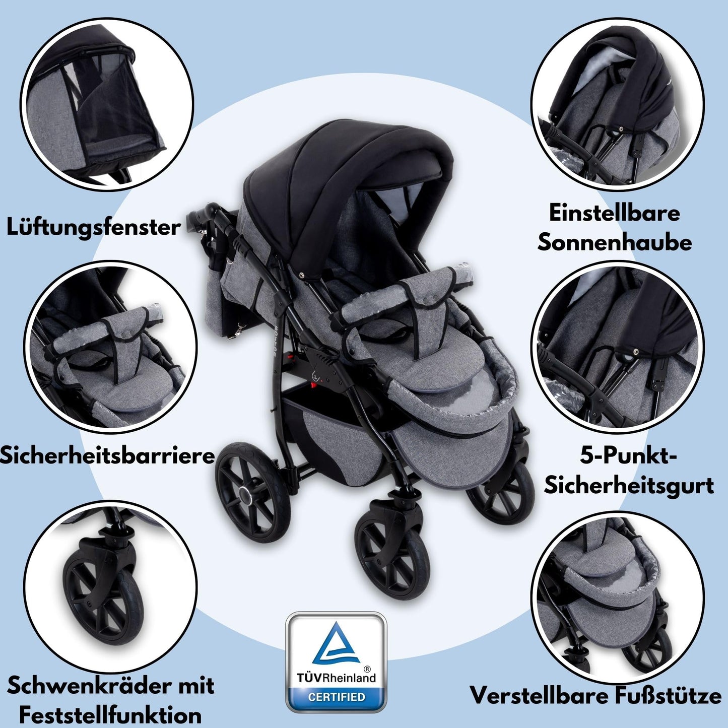 GaGaDumi Boston Kinderwagen 3 in 1 Komplettset mit Autositz - Kombikinderwagen mit großen Rädern - TÜV-zertifiziert - Baby Stroller Set - für Neugeborene und Kleinkinder Schwarz