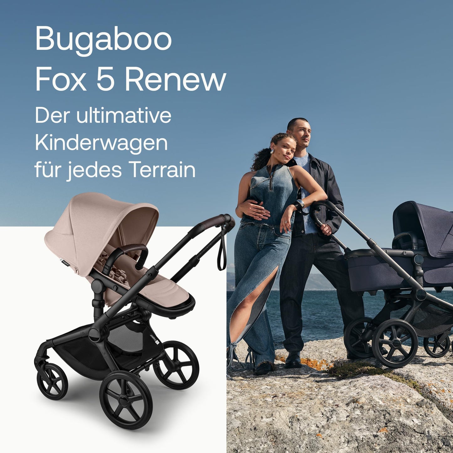Bugaboo Fox 5, 2-in-1 Kinderwagen für jedes Gelände, mit Liegewanne und ausziehbarem Kleinkindsitz, einfach zu manövrieren und Ein-Hand Faltung, Fahrgestell in Schwarz und Sonnendach in Forest Green