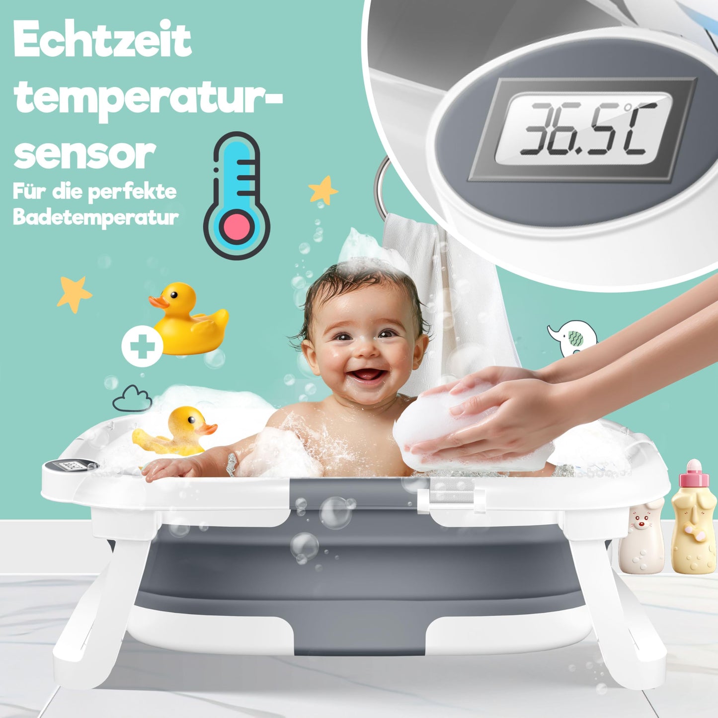 KIDIZ® Baby Bathtub, Baby Bathtub, Space-Saving & Foldable, Bath Tub, Shower Tray for Newborns, Toddlers, 0-24 Months, Portable Travel Shower for Babies, Ergonomic Bathtub with Thermostat and