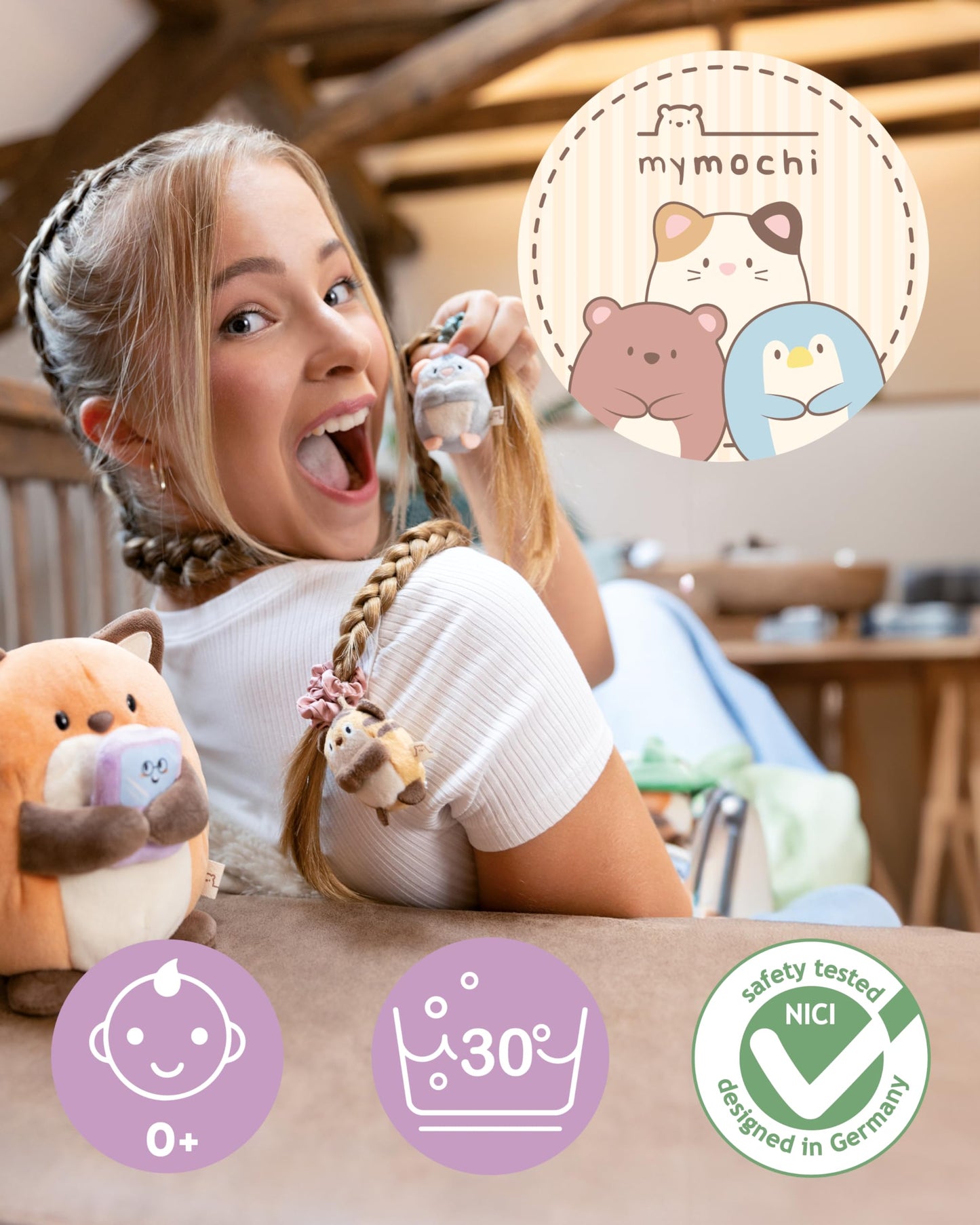 NICI MYMOCHI Fuchs Kuscheltier Geeks 16 cm mit Videospiel in Geschenkbox 11x12x6,5 cm, Flauschiges Stofftier zum Kuscheln, Spielen und Liebhaben - 61151