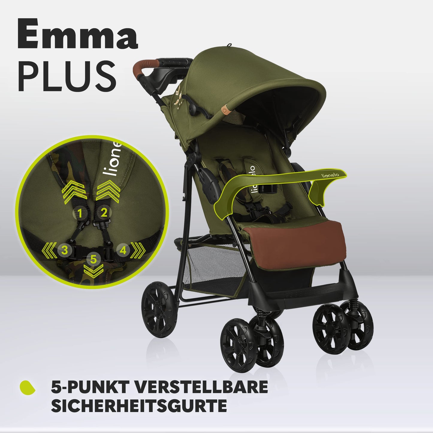 LIONELO Emma Plus Kinderwagen bis zu 15 kg, Kindersportwagen, leicht modern klein Buggy mit Liegeposition, zusammenklappbar, große Räder, großer Korb, Tasche Stone