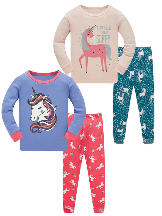 LOLPIP Mädchen Pyjamas 100% Baumwolle Schlafanzug für Kinder Schlafkleidung Langarm 4 Stück Set 1-12 Jahre