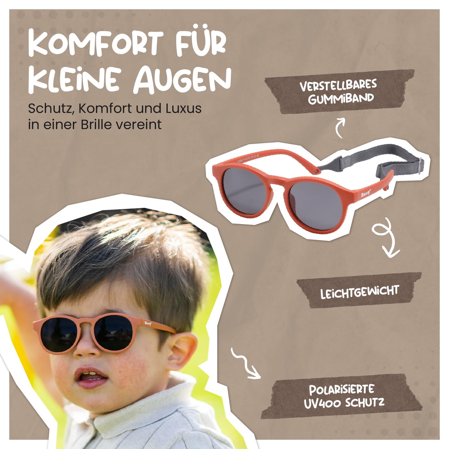 Maesy Kinder Sonnenbrille für Kleinkind und Baby - 1-3 Jahre - UV400 Polarisierter Schutz - Flexibler und Biegsamer Rahmen - Verstellbares Gummiband - Sichere und Bequeme Kindersonnenbrille - Bowi