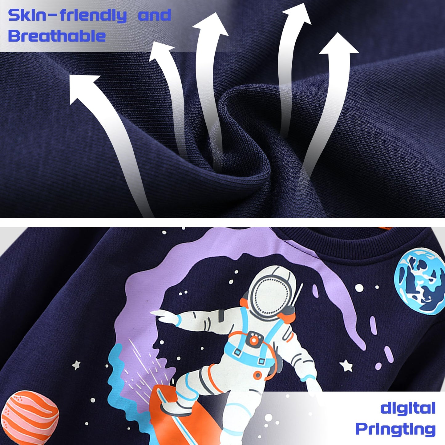 FILOWA Sweatshirt Kinder Junge Leuchtet im Dunkeln Dinosaurier Sweatshirt Astronauten Drucken Pullover Sport Marineblau Langarm Warm Baumwolle Top Jogging Sweatshirt 2-7 Jahre,Gr.92-122