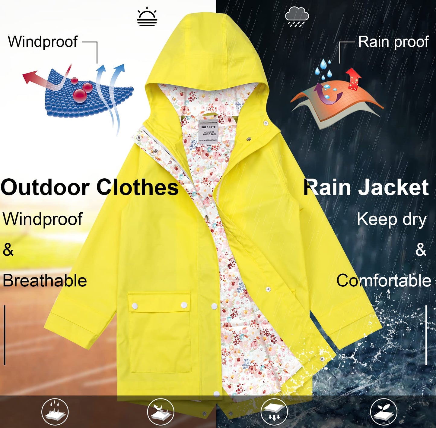 SOLOCOTE Kinder Regenjacke mit Kapuze gefüttert Gummi Regenmäntel für Mädchen Jungen Wasserdicht Winddicht Größe