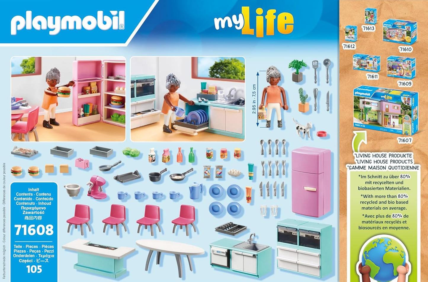 PLAYMOBIL MyLife 71608 Küche mit Essplatz, vollausgestattete Küche für detailgetreues Nachspielen, zu über 80 % aus recycelten und biobasierten Materialien, kreatives Spielzeug für Kinder ab 4 Jahren