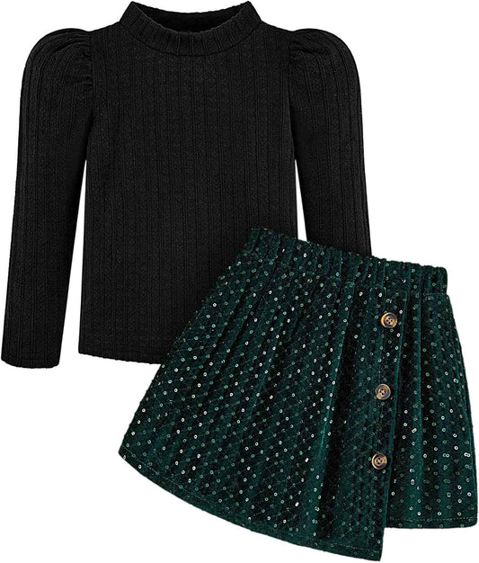 Bkixhv Baby Girls Clothes, Toddler Girls Skirt Set, Autumn Outfits, Long Puff Sleeves, Tops and Sequin Mini Skirt