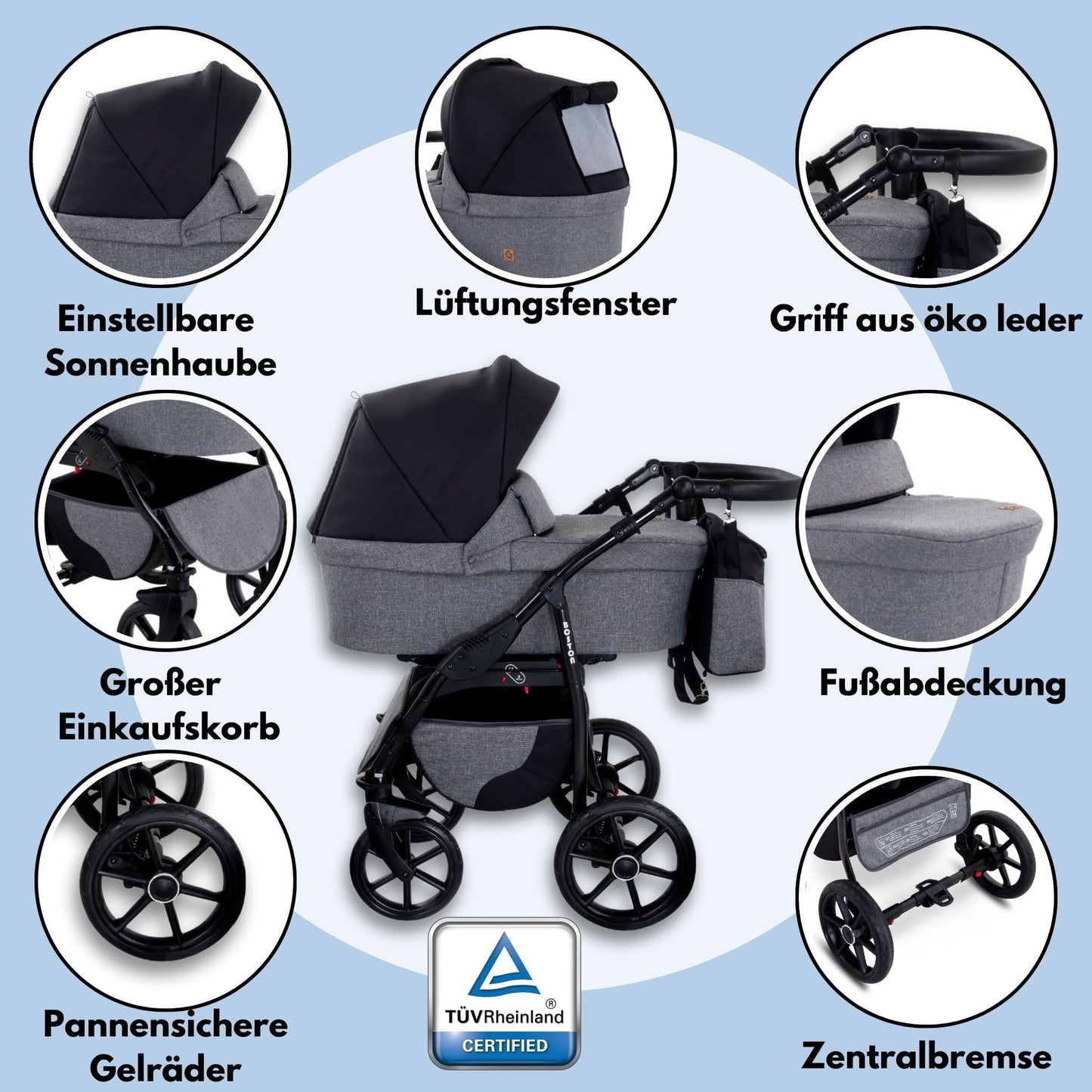 GaGaDumi Boston Kinderwagen 3 in 1 Komplettset mit Autositz - Kombikinderwagen mit großen Rädern - TÜV-zertifiziert - Baby Stroller Set - für Neugeborene und Kleinkinder Schwarz