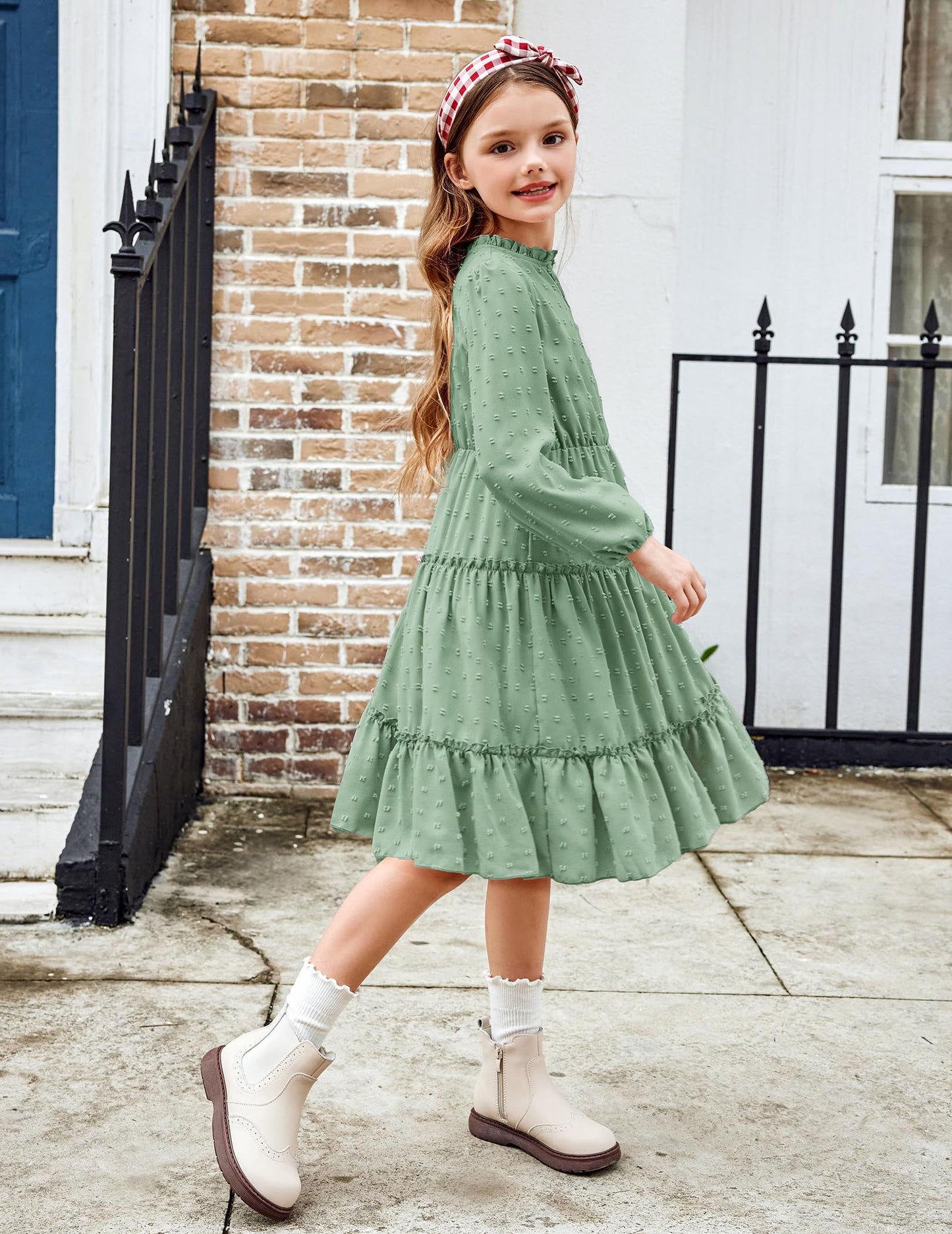 Arshiner Dress Girls Festive Flounce V-Neck Long Sleeve Dress Swiss Dot Chiffon Dress Children Tiered Dress A-Line Party Dress Wedding Princess Dress Swing Skater Dress 5-12 Years