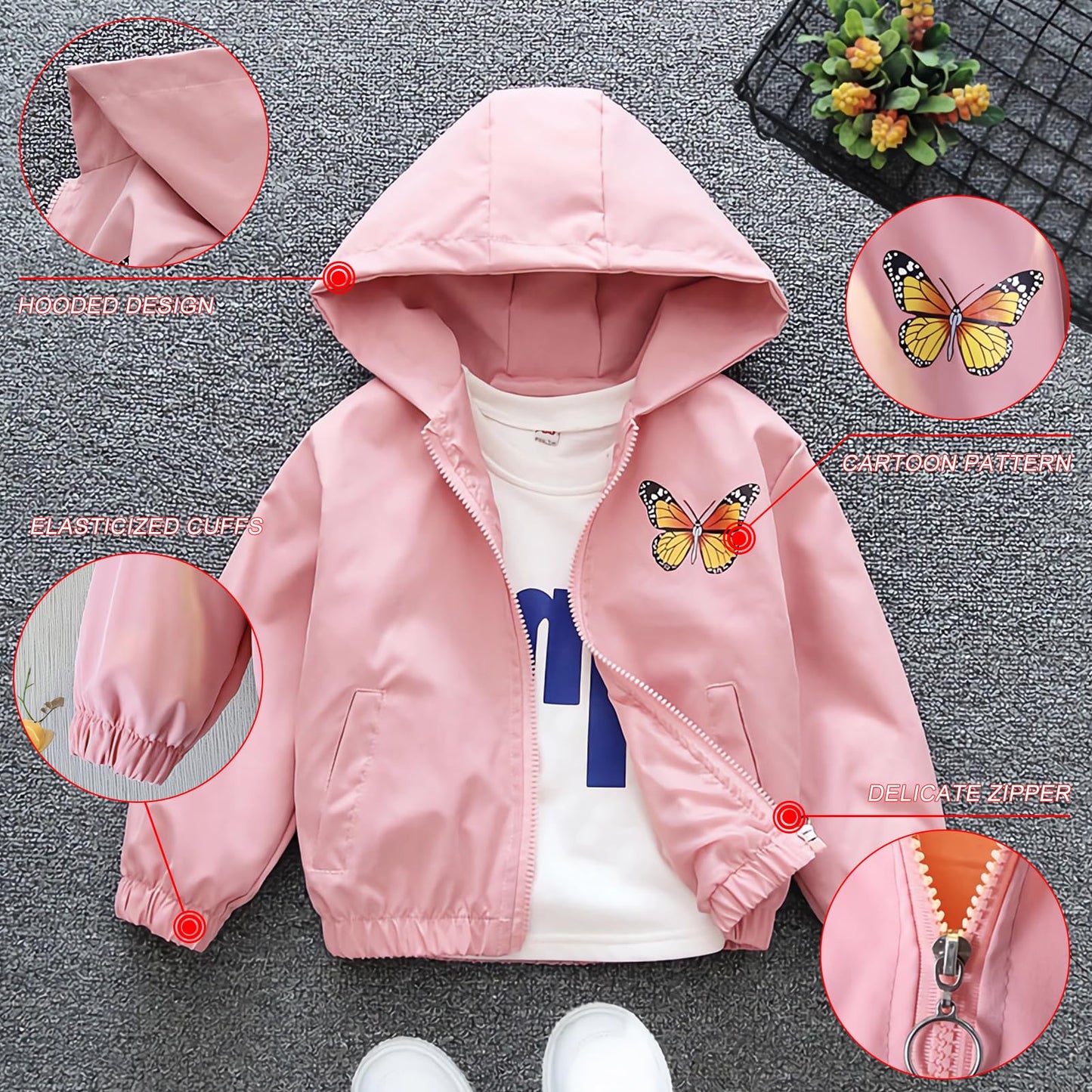 SXSHUN Übergangsjacke Kinder Mädchen Outdoorjacke mit Schmetterlingsmuster Kinderjacke Süße Jacke