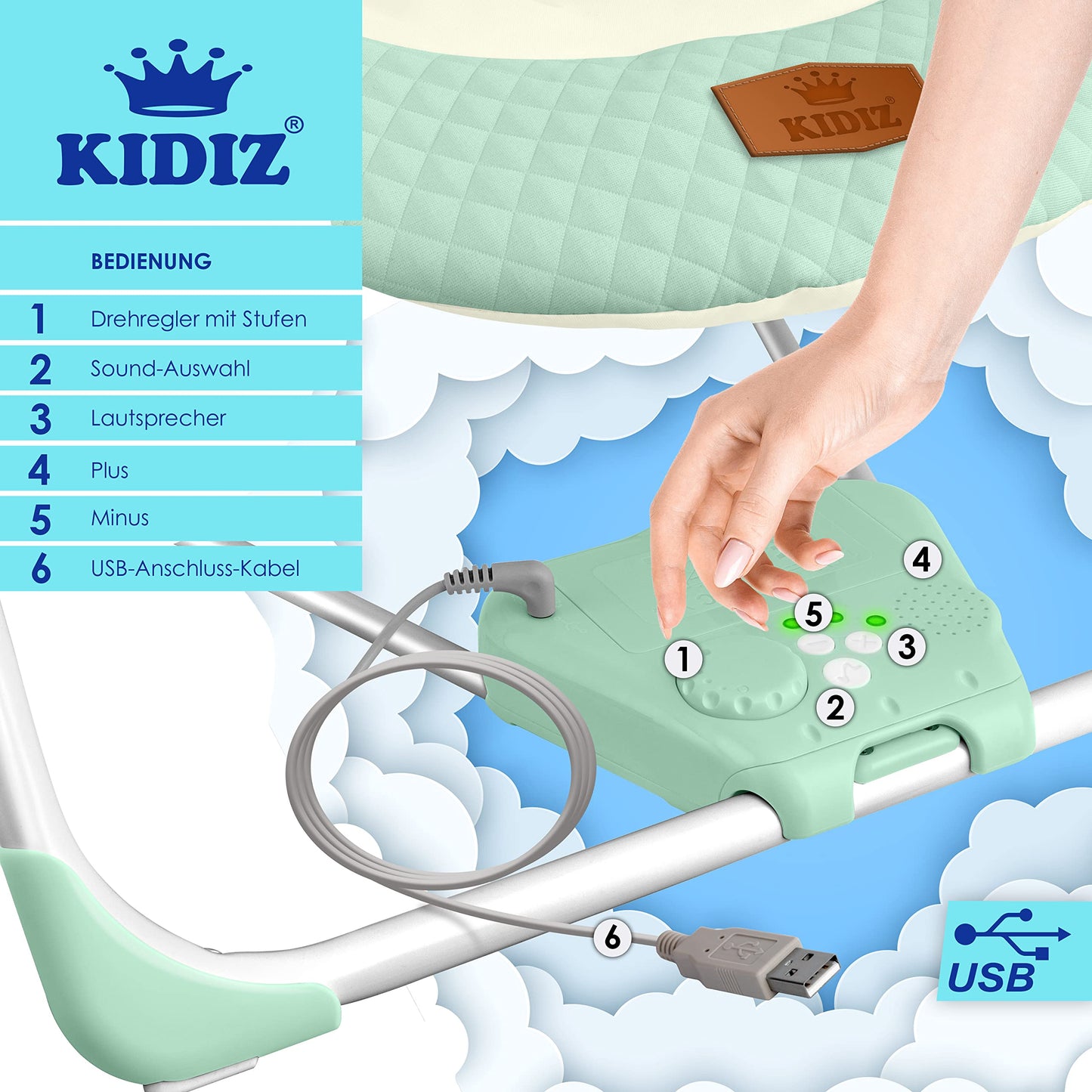 KIDIZ® Baby Rocker Baby Swing with 5 Speed Settings Foldable Baby Rocker Swing Baby High Chair with Play Arch Toys 5 Soothing Natural Sounds Newborn Anthracite