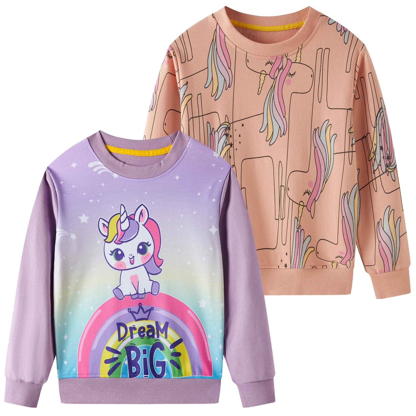 SOIBEEN Girls' Sweatshirt Adorable Children's Pullover 2-Pack Unicorn Top Shirt Pullover Pullover Crew Neck Long Sleeve Casual Wear Spring Autumn Cotton Hoodie 1-10 Years
