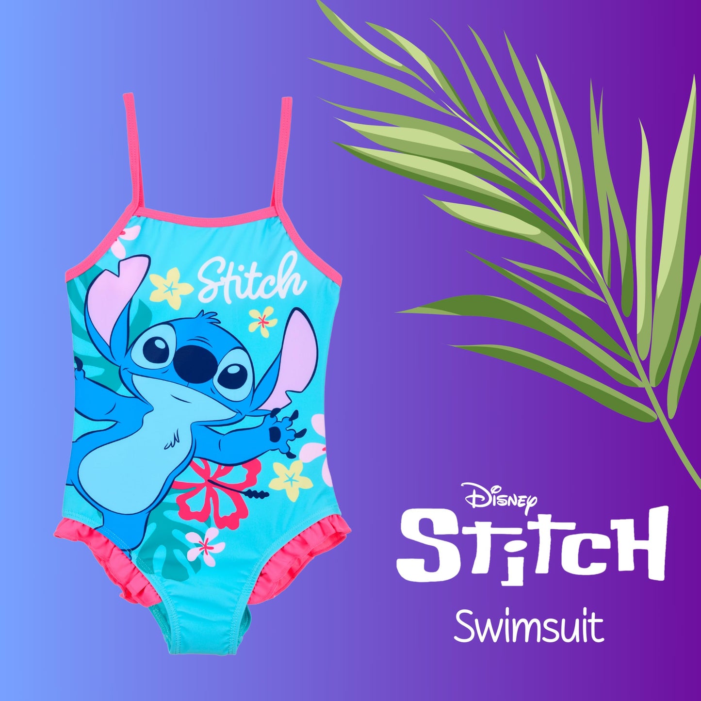 Disney Stitch Girls Flower Design Summer One Piece Swimsuit Kids Swimming Costume Sizes 3 to 8 Years