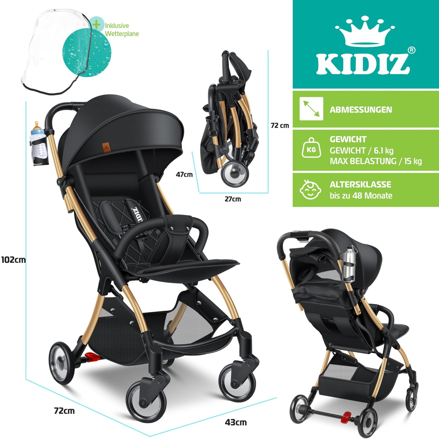 KIDIZ® Folding Pushchair, Sports Pram, 360° Wheels, 5-Point Harness, incl. Drinks Holder, Rain Cover, Adjustable Backrest and Sun Canopy, Red