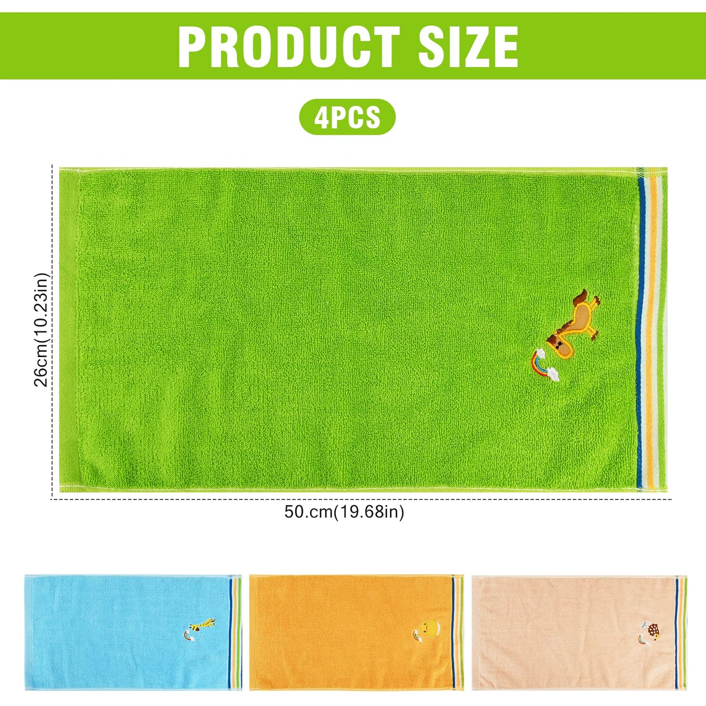 Guaksxi Pack of 4 Face Cloths Children's Towels Soft 4 Colours Children's Bath Towels 100% Cotton Face Towels Baby Bath Towel for Children (25 x 50 cm, Colourful Animal)