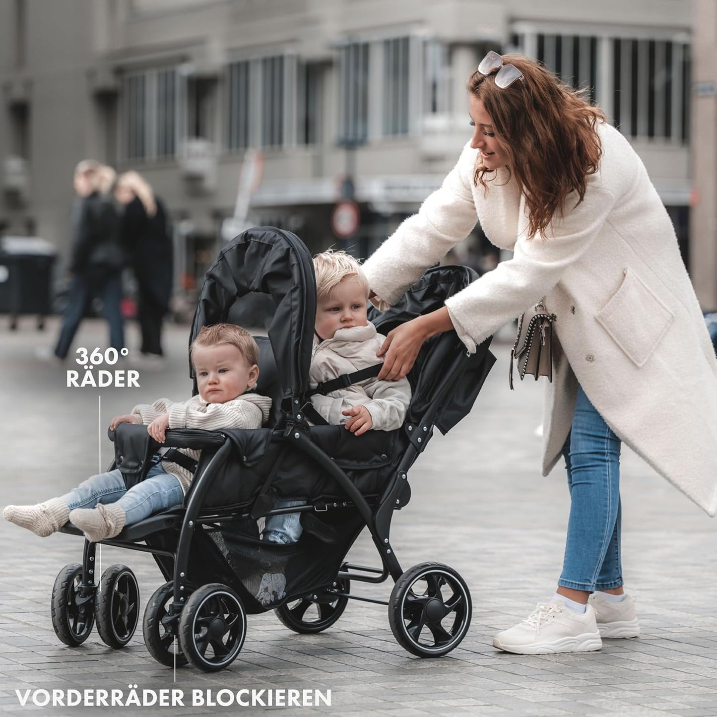 Deryan Elena Duo Tandem for Children - Double Duet with 5-Point Harness System and Adjustable to 4 Years (Black)