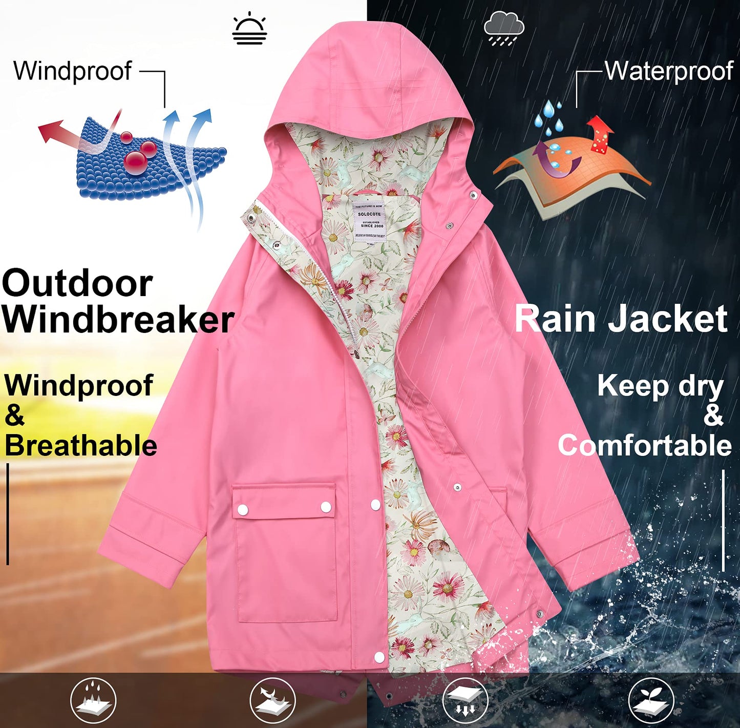 SOLOCOTE Kinder Regenjacke mit Kapuze gefüttert Gummi Regenmäntel für Mädchen Jungen Wasserdicht Winddicht Größe