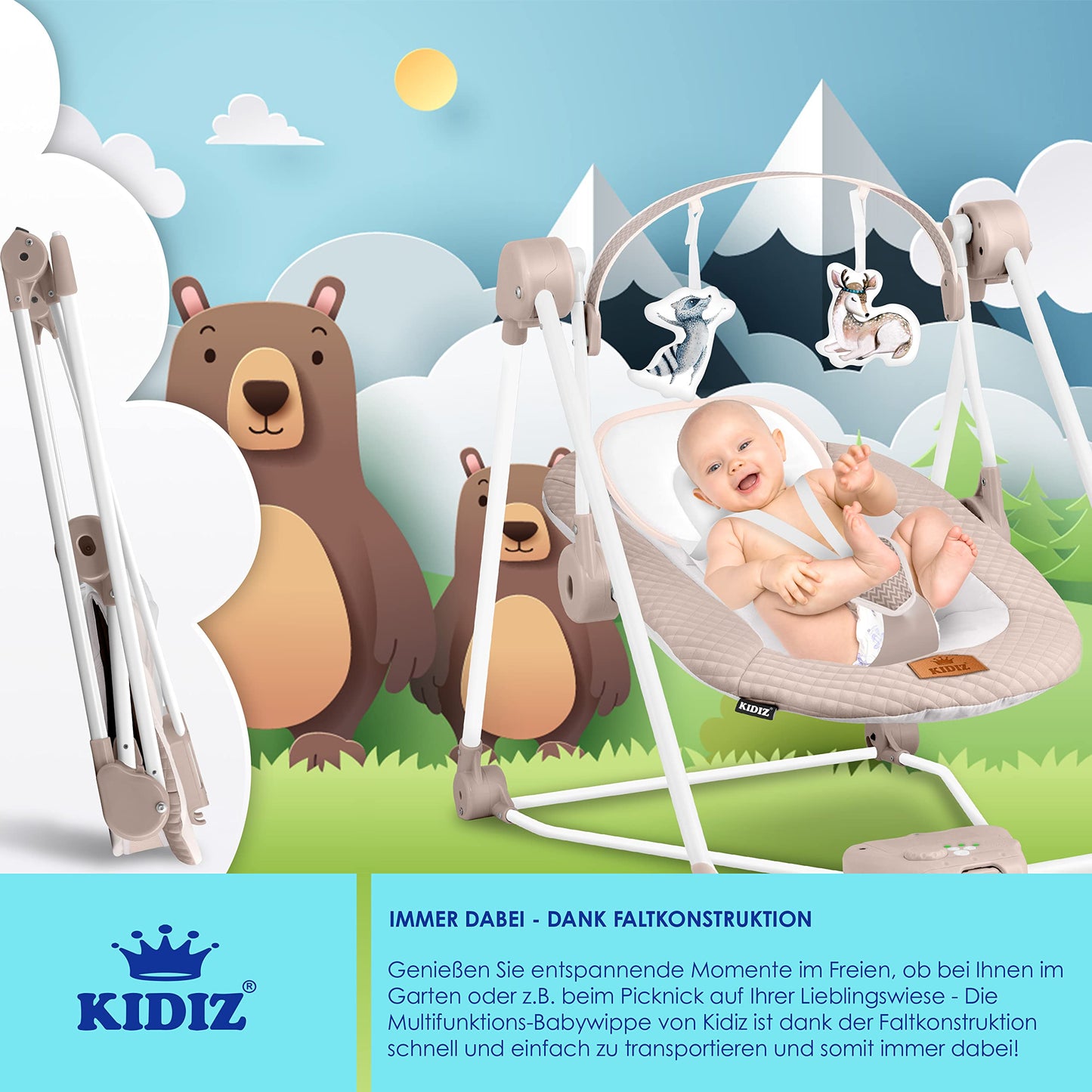 KIDIZ® Baby Rocker Baby Swing with 5 Speed Settings Foldable Baby Rocker Swing Baby High Chair with Play Arch Toys 5 Soothing Natural Sounds Newborn Anthracite
