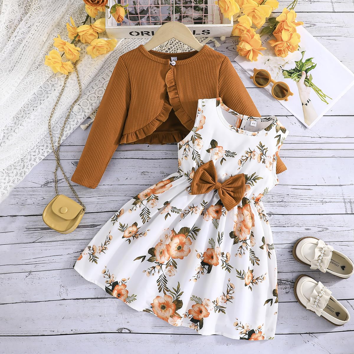 Yanmucy Kleine Mädchen Kleider mit Strickjacke Sets Baby Mädchen Kleider Kleinkind Kinder Langarm Ruffle Mantel Mädchen Kleidung für 2-8 Jahre