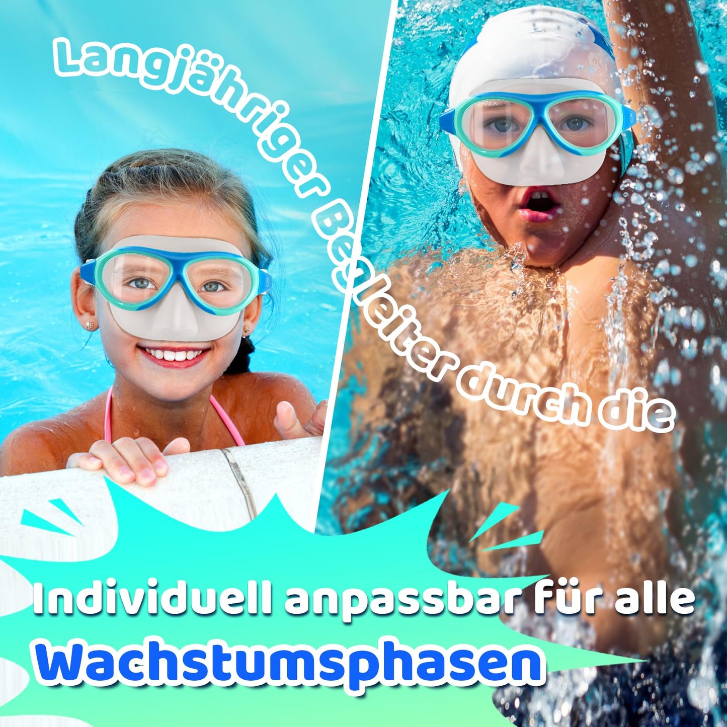 Vvinca Swimming Goggles for Kids with Nose Guard and Fabric Strap, Shatterproof, Anti-Fog and Waterproof for Children 3-14 Years