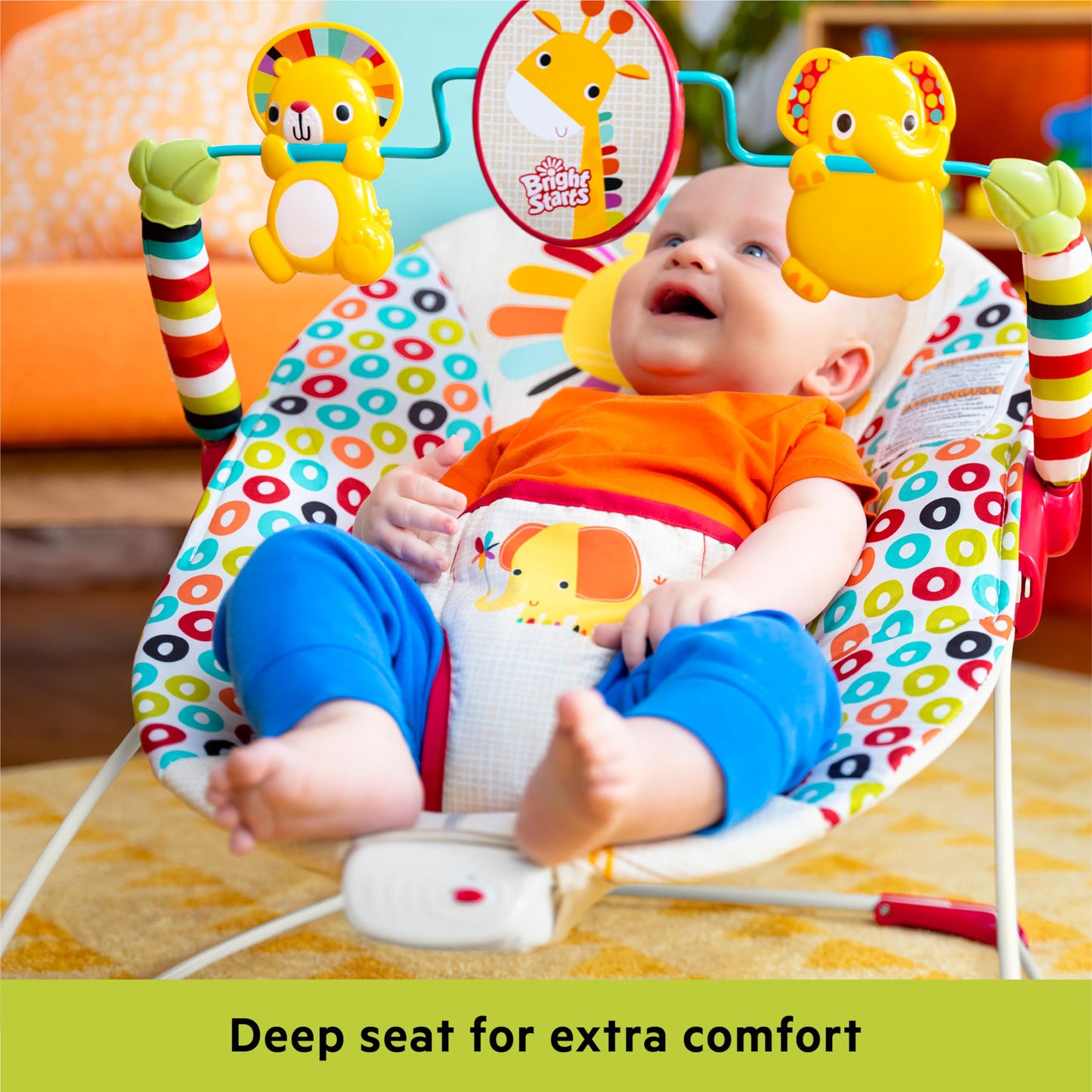 Bright Starts, Babywippe Babyschaukel Safari Fun mit Beruhigenden Vibrationen, Spielbogen mit 2 Spielzeugen, 3-Punkte-Gurt Sitz, Maschinenwaschbares Sitzpolster, ab der Geburt bis 9kg